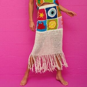 Pitusa Crochet Patchwork Fringed Skirt